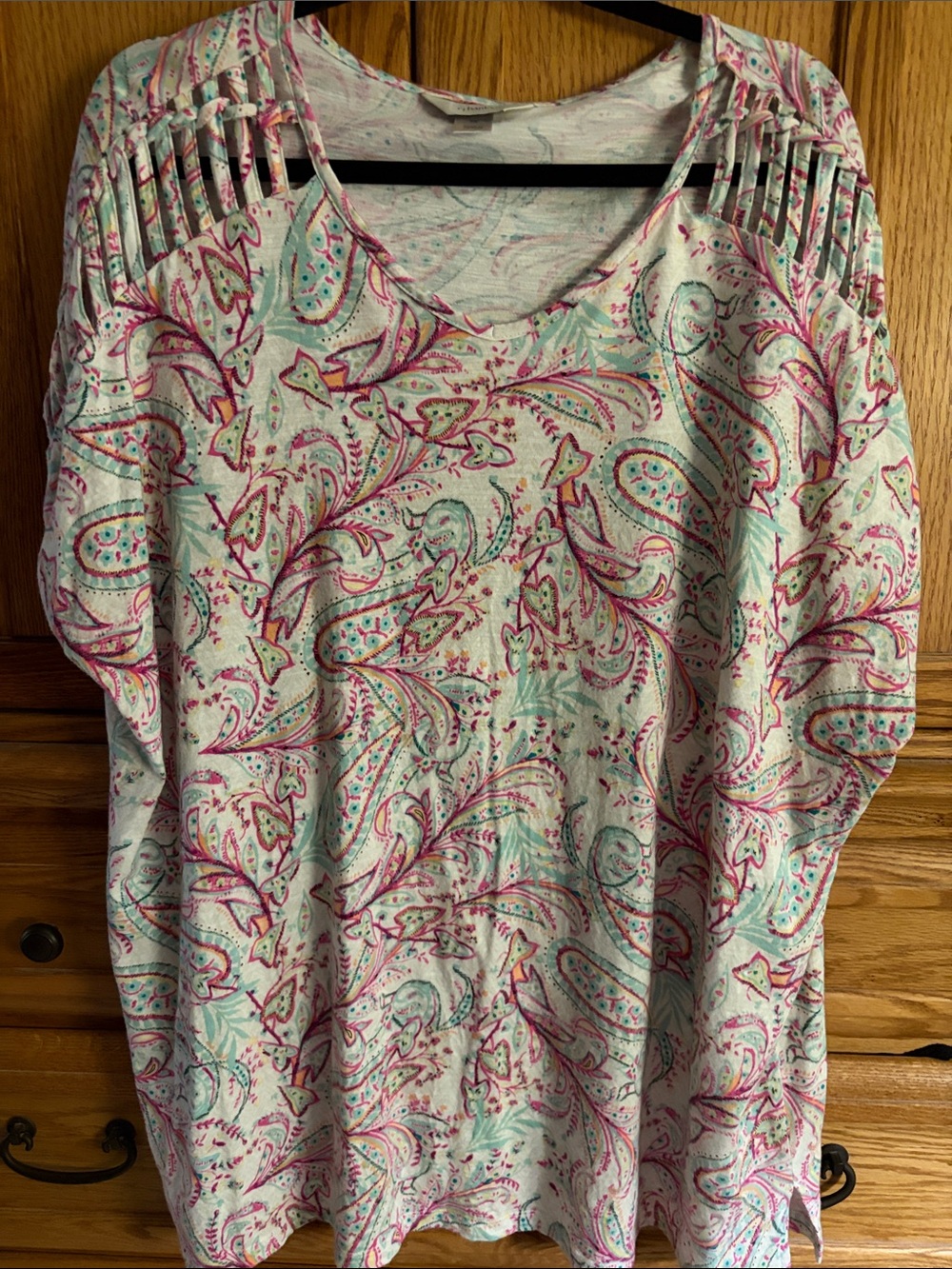 CJ Banks Paisley Cutout-Shoulder Tunic in Pink & Mint